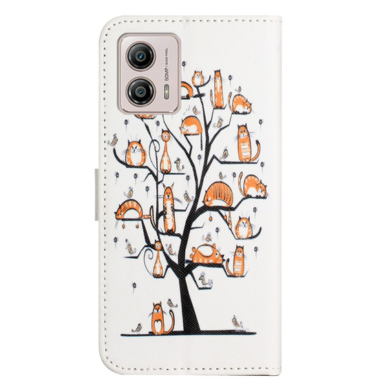 Pattintható tok a Motorola Moto G53 5G / G23 / G13, Wallet, Cat & Tree, fehér