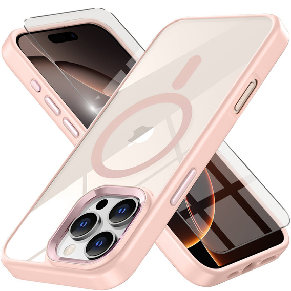 Tok iPhone 16 Pro Max-hoz, MagSafe, ERBORD Matt Case, átlátszó / rózsaszín + képernyőüveg
