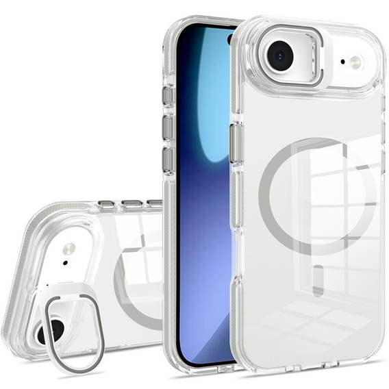 Tok iPhone Air készülékhez, MagSafe, állvánnyal, átlátszó, szürke betétekkel