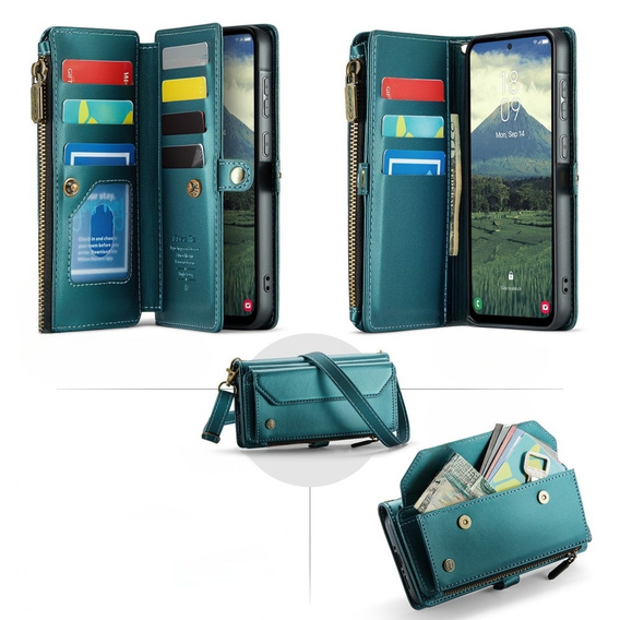 Tok CASEME Samsung Galaxy A56 5G, RFID Leather Wallet, vállpánttal, zöld