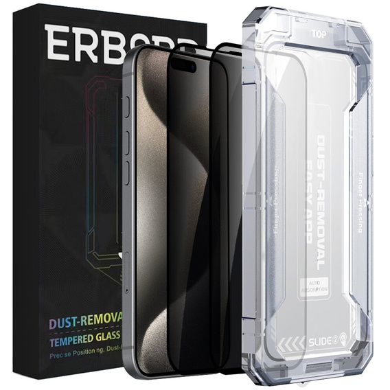 2x edzett adatvédelmi üveg az iPhone 15 Pro-hoz, ERBORD 9H Easy App Anti-Peep