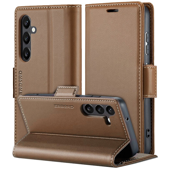 Tok Samsung Galaxy A55, ERBORD Glossy Litchi, pénztárca patenttal, barna