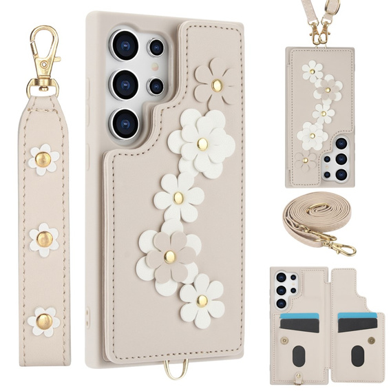 Tok Samsung Galaxy S24 Ultra, Leather Flower Card Slot, bézs színű