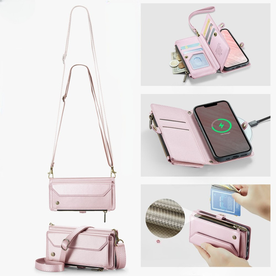 Tok CASEME iPhone16E, RFID Leather Wallet, vállpánttal, rózsaszín