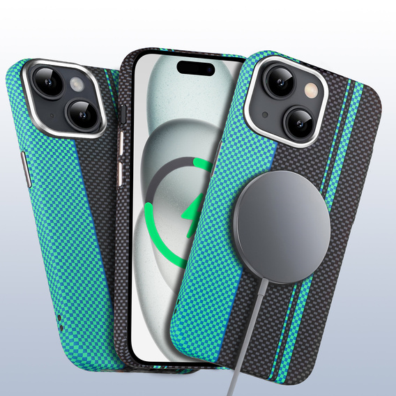Tok iPhone 15, Carbon Fiber MagSafe, fekete / kék