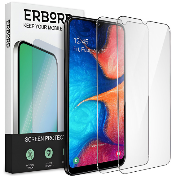 2x edzett üveg a Samsung Galaxy A20E, ERBORD 9H Hard Glass a képernyőn