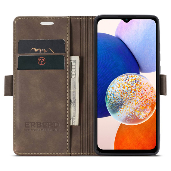 Telefontok a Samsung Galaxy A14 4G/5G, ERBORD Vintage, pénztárca patenttal, kávé