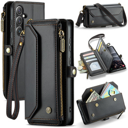 Tok CASEME Samsung Galaxy S25 FE, RFID Leather Wallet, vállpánttal, fekete