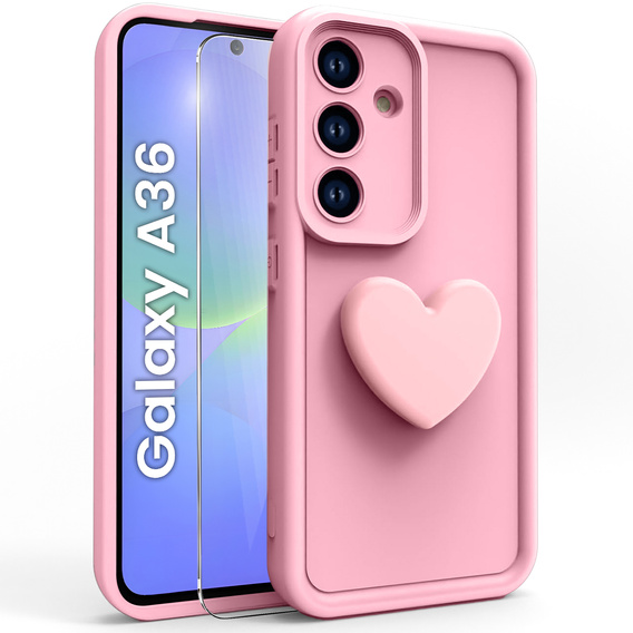 Tok Samsung Galaxy A36, Silicone Heart, rózsaszín + 9H edzett