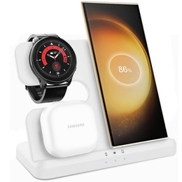 3 az 1-ben vezeték nélküli indukciós gyorstöltő QI Samsung S25 S24 S23 Galaxy Watch Buds állomás, fehér
