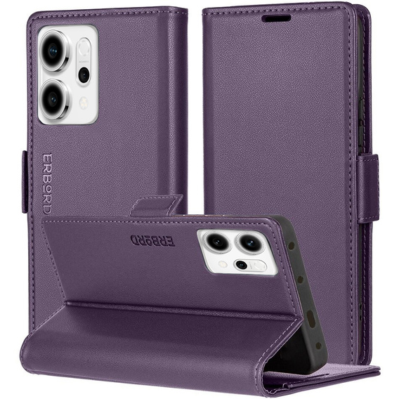 Tok Oppo Reno 14, ERBORD Glossy Litchi, pénztárca patenttal, lila