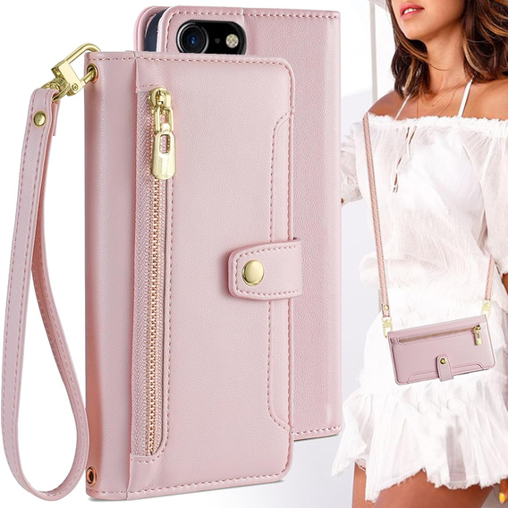 Pattintható tok a iPhone 16E, Wallet Zipper Pocket, rózsaszín
