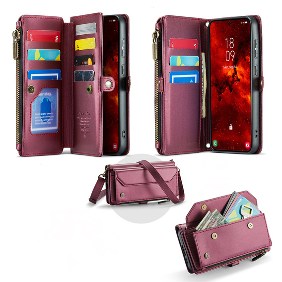 Tok CASEME Samsung Galaxy S25 FE, RFID Leather Wallet, vállpánttal, piros