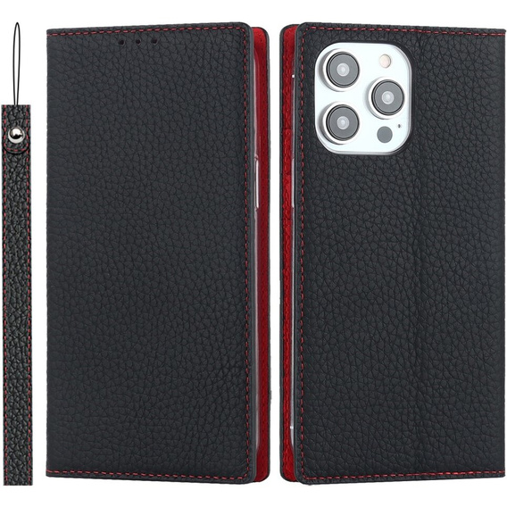 Pattintható tok a iPhone 15 Pro, Litchi Skin Grain, fekete