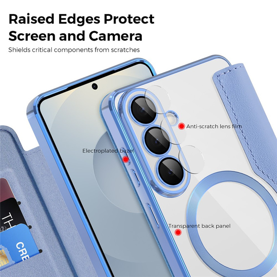 RFID pénztárca MagSafe flip tok kameravédelemmel Samsung Galaxy S26 Plus készülékhez, kék