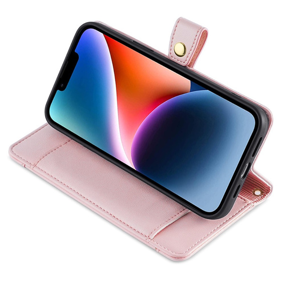 Pattintható tok a iPhone 15, Wallet Zipper Pocket, rózsaszín