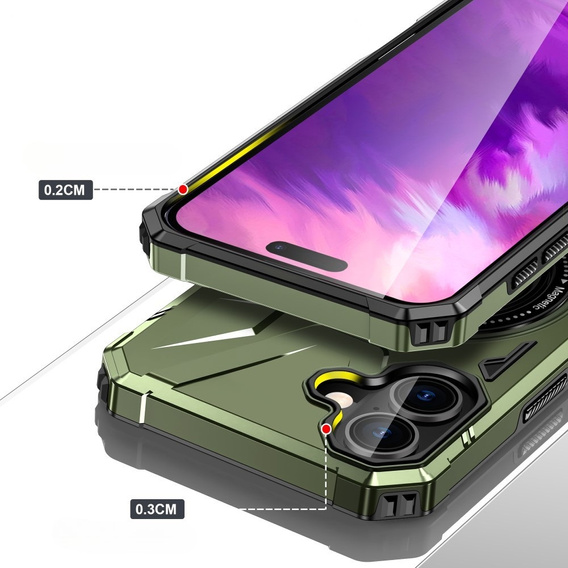 Tok iPhone 16-hoz, páncélozott, állvánnyal és fogantyúval, zöld