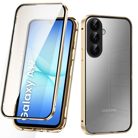 Tok Samsung Galaxy A17 5G, mágneses dupla üveg, átlátszó, arany oldalakkal