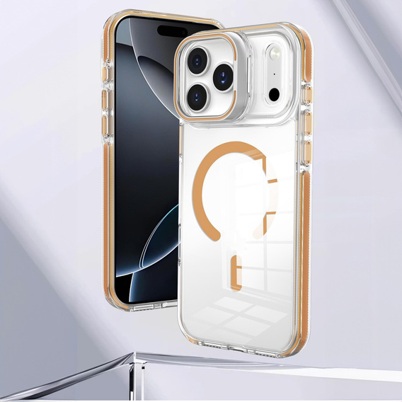 Tok iPhone 17 Pro Max készülékhez, MagSafe, állvánnyal, átlátszó, arany betétekkel