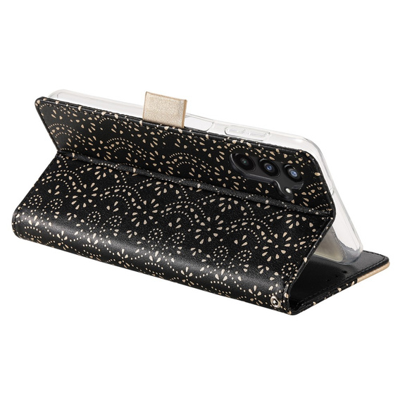 Flap tok Samsung Galaxy A25 5G, Wallet Pocket Zipper Lace, fekete