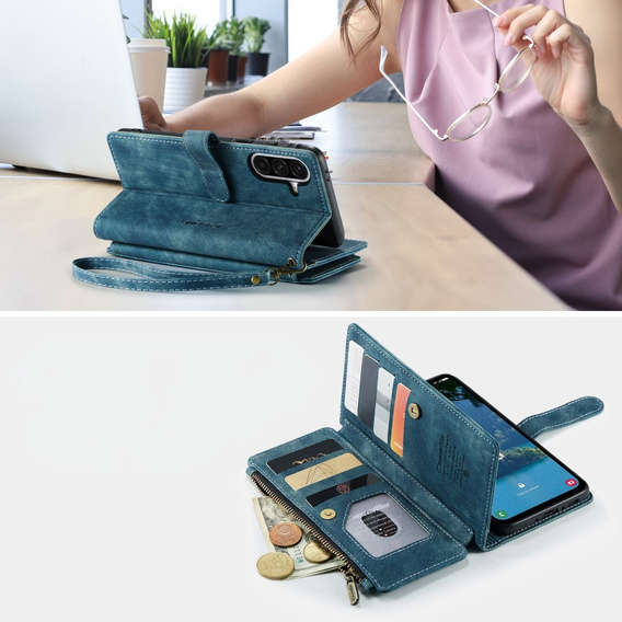 CASEME tok Samsung Galaxy A56 5G, Leather Wallet Cash and Card Slots, pánttal, kék