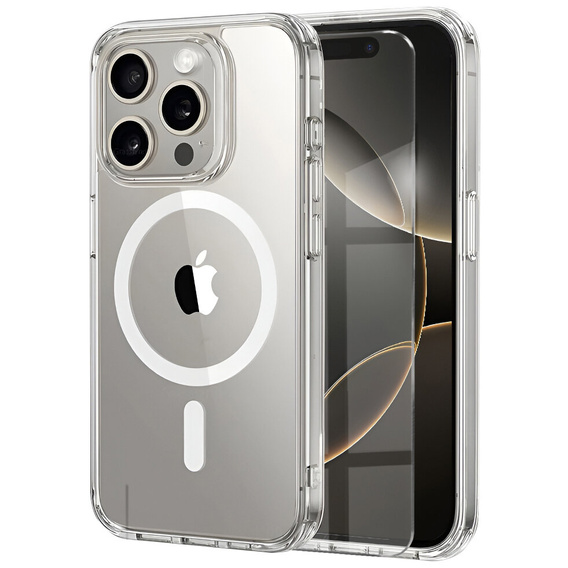 MagSafe mágneses tok iPhone 16 Pro Max-hoz, ERBORD CrystalMag, átlátszó + képernyőüveg