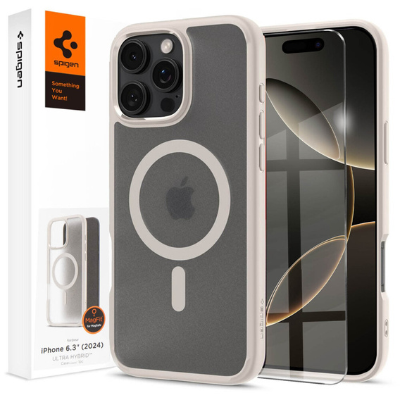 MagSafe Spigen tok iPhone 16 Pro, Ultra Hybrid, átlátszó / titánium + 9H edzett üveg