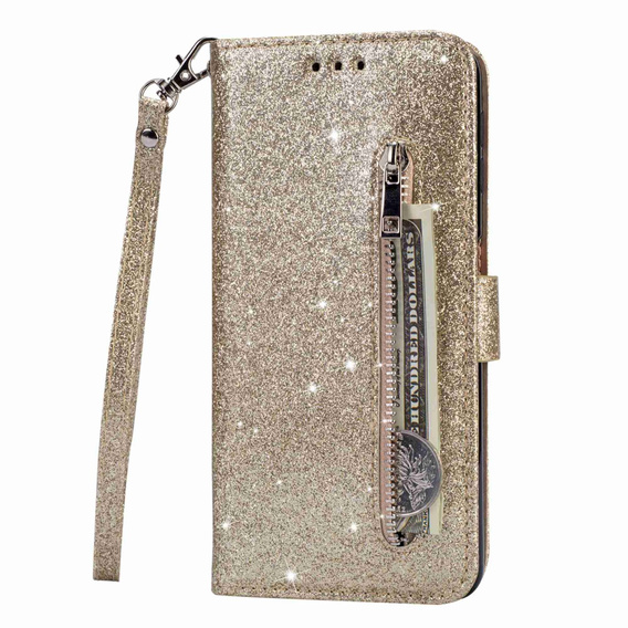 Pattintható tok a Samsung Galaxy S24 Ultra, Wallet Zipper Pocket Glittery, arany