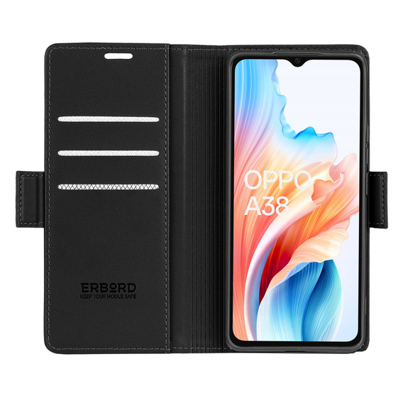 Tok Oppo A18 4G / A38 4G, ERBORD Glossy Litchi, pénztárca patenttal, fekete