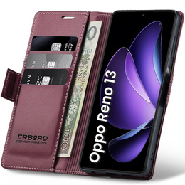 Tok Oppo Reno 13, ERBORD Glossy Litchi, pénztárca patenttal, piros