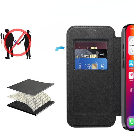 Pattintható tok a iPhone 16, RFID Wallet MagSafe CamShield, fekete