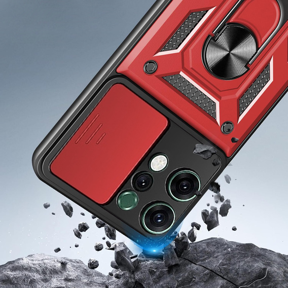 Páncélozott tok Oppo Reno 14 készülékhez, kameravédelemmel, állvánnyal, piros színű
