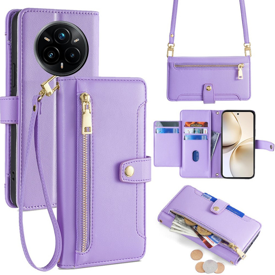 Pattintható tok a Realme 14 Pro 5G, Wallet Zipper Pocket, lila