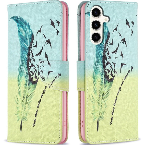 Pattintható tok a Samsung Galaxy S23 FE, Wallet, Feather kék / sárga