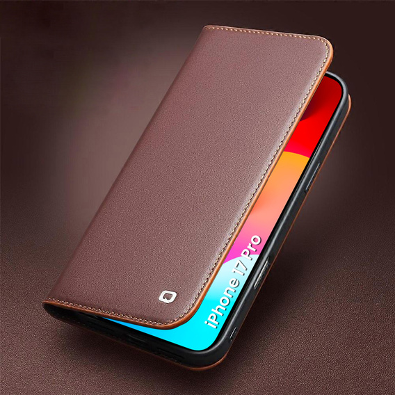 QIALINO bőr pénztárca flip tok iPhone 17 Pro készülékhez - barna