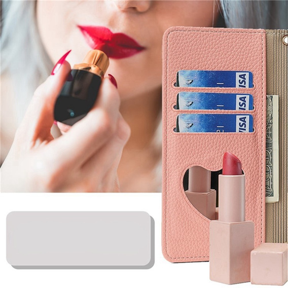 Flip tok Samsung Galaxy A56 5G, Wallet Zipper Pocket, tükörrel, rózsaszín