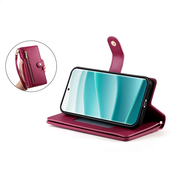 Pattintható tok a Xiaomi Redmi Note 14 Pro 5G / Poco X7 5G, Wallet Zipper Pocket, piros