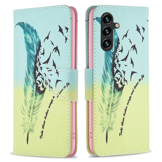 Pattintható tok a Samsung Galaxy A35 5G, Wallet, Feather kék / sárga
