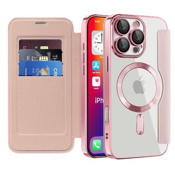 Pattintható tok a iPhone 16 Pro Max, RFID Wallet MagSafe CamShield, rózsaszín