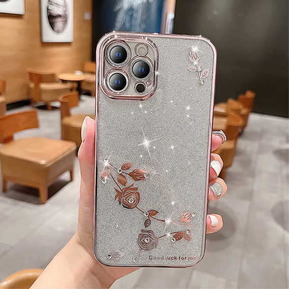 tok iPhone 13 Pro Max, csillogó virág, rózsaszín rose gold