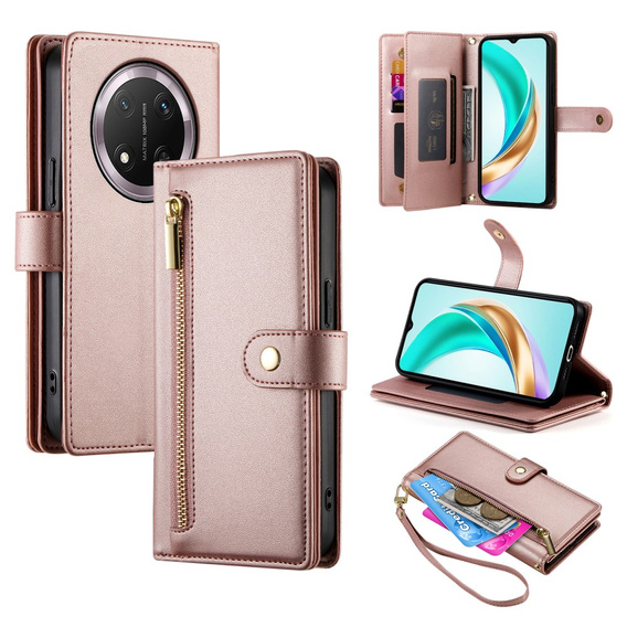 Pattintható tok a Honor Magic 7 Lite, Wallet Zipper Pocket, rózsaszín