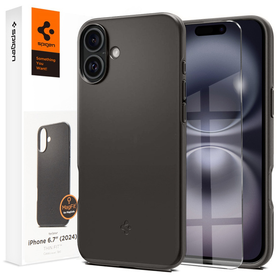 Spigen tok iPhone 16 Plus készülékhez, Thin Fit Mag, szürke + 9H edzett üveg