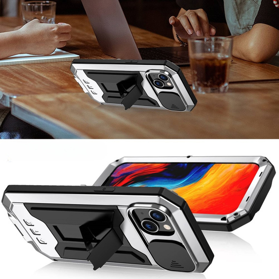 Tojás iPhone 14 Plus, R-JUST CamShield Slide, páncélozott, ezüst / fekete