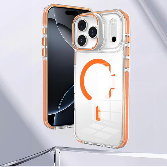 Tok iPhone 17 Pro Max készülékhez, MagSafe, állvánnyal, átlátszó, narancssárga betétekkel