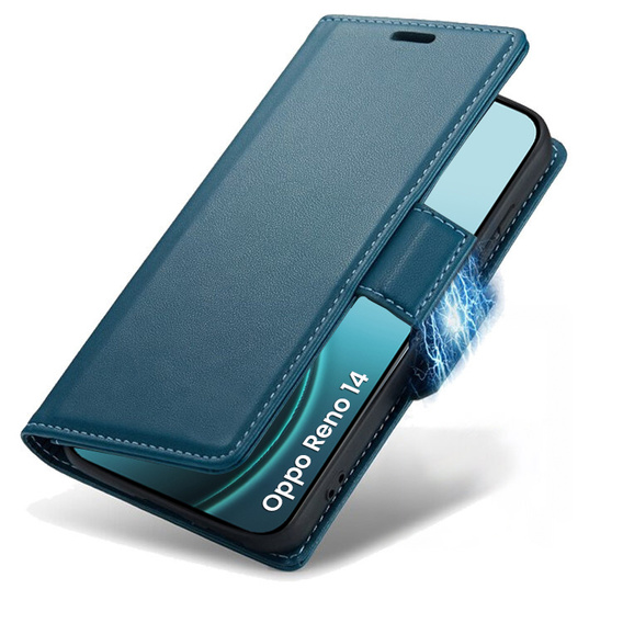 Tok Oppo Reno 14, ERBORD Glossy Litchi, pénztárca patenttal, kék
