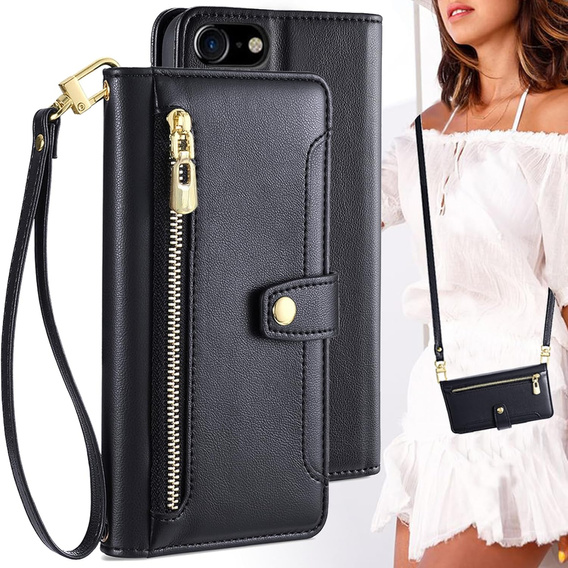 Pattintható tok a iPhone 16E, Wallet Zipper Pocket, fekete