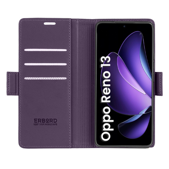 Tok Oppo Reno 13, ERBORD Glossy Litchi, pénztárca patenttal, lila