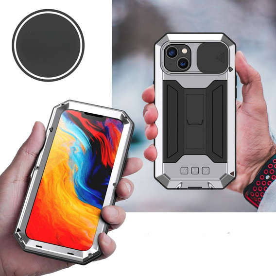 Tojás iPhone 14 Plus, R-JUST CamShield Slide, páncélozott, ezüst / fekete
