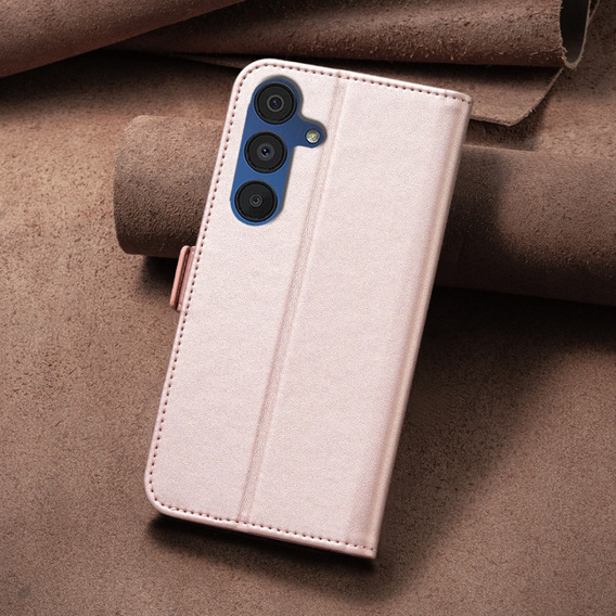 Pattintható tok a Samsung Galaxy A15, BINFEN Wallet, rózsaszín rose gold + 9H üveg 
