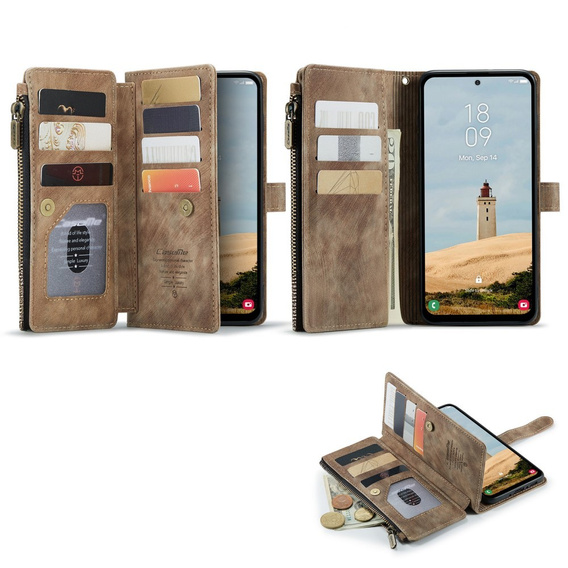 CASEME tok Samsung Galaxy A56 5G, Leather Wallet Cash and Card Slots, pánttal, barna